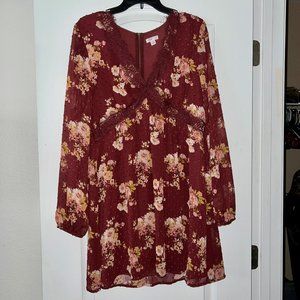 Long Sleeve Mini Dress with V Neck Lace trim and Floral Swiss Dot Design